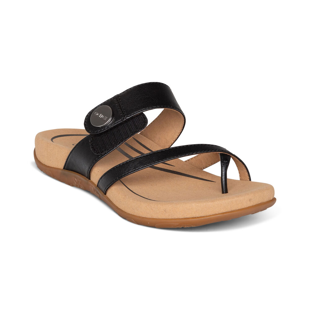 Aetrex Women's Izzy Adjustable Sandals - Black | USA 0HGLAW5